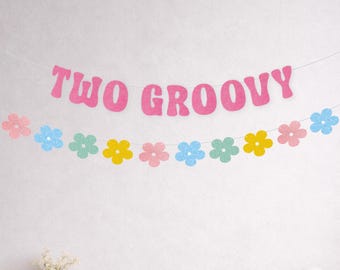 Two Groovy Banner, Retro 2nd Birthday Themed Party Decorations