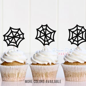 Spider Web Cupcake Toppers - Creepy Gothic Cobweb Cake Decorations for Halloween Party, Haunted House Theme, DIY Food Picks & Supplies