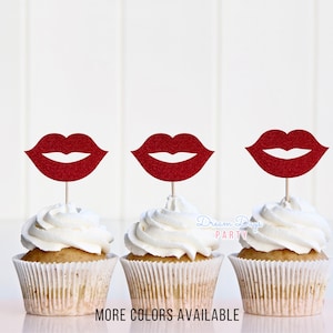 Lips Cupcake Toppers - Glamorous Red Kiss Decorations for Romantic Parties, Valentine&#39;s Day, and Elegant Celebrations