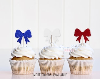 4th of July Bow Cupcake Toppers: Coquette Patriotic Decor, American Flag Bow Topper