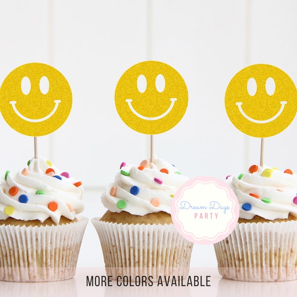 Smiley Face Cupcake Topper Birthday Party Decorations, Happy Face Decor, Emoji Birthday Party, Hippie Themed Party