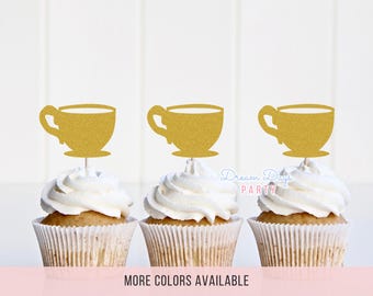 Tea Cup Cupcake Topper, Glitter Decorations for Baby Shower, Bridal, Alice in Wonderland Party