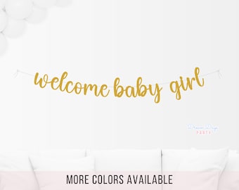 Welcome Baby Girl Garland, Baby Shower Decorations, Glitter Cursive Banner, Gender Reveal Decor