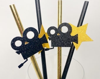 Glitter Movie Theme Party Straws: Camera & Star Decor