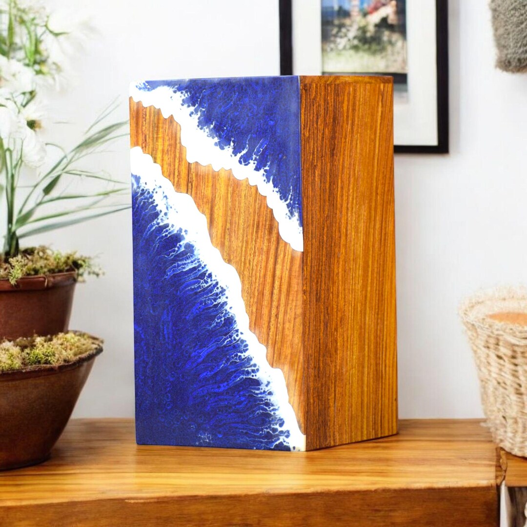 Handmade Ocean Resin Urn Box | Wooden Cremation Urn With Epoxy Wave Art ...