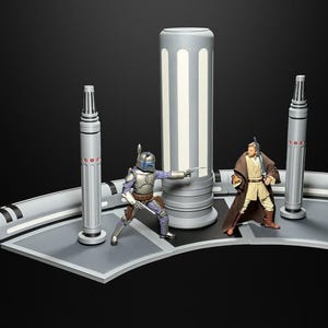 Puede incluir: Un diorama de figuras de acción de Star Wars con dos figuras, una con armadura mandaloriana y la otra con túnicas Jedi, sobre una plataforma gris con columnas arquitectónicas. Las figuras posan en una escena de batalla, con fondo negro.