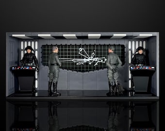 May include: A Star Wars diorama featuring figures in a command center setting. The scene includes figures in black and gray uniforms, standing near control panels and a large screen displaying a white schematic. The diorama is set against a dark background.