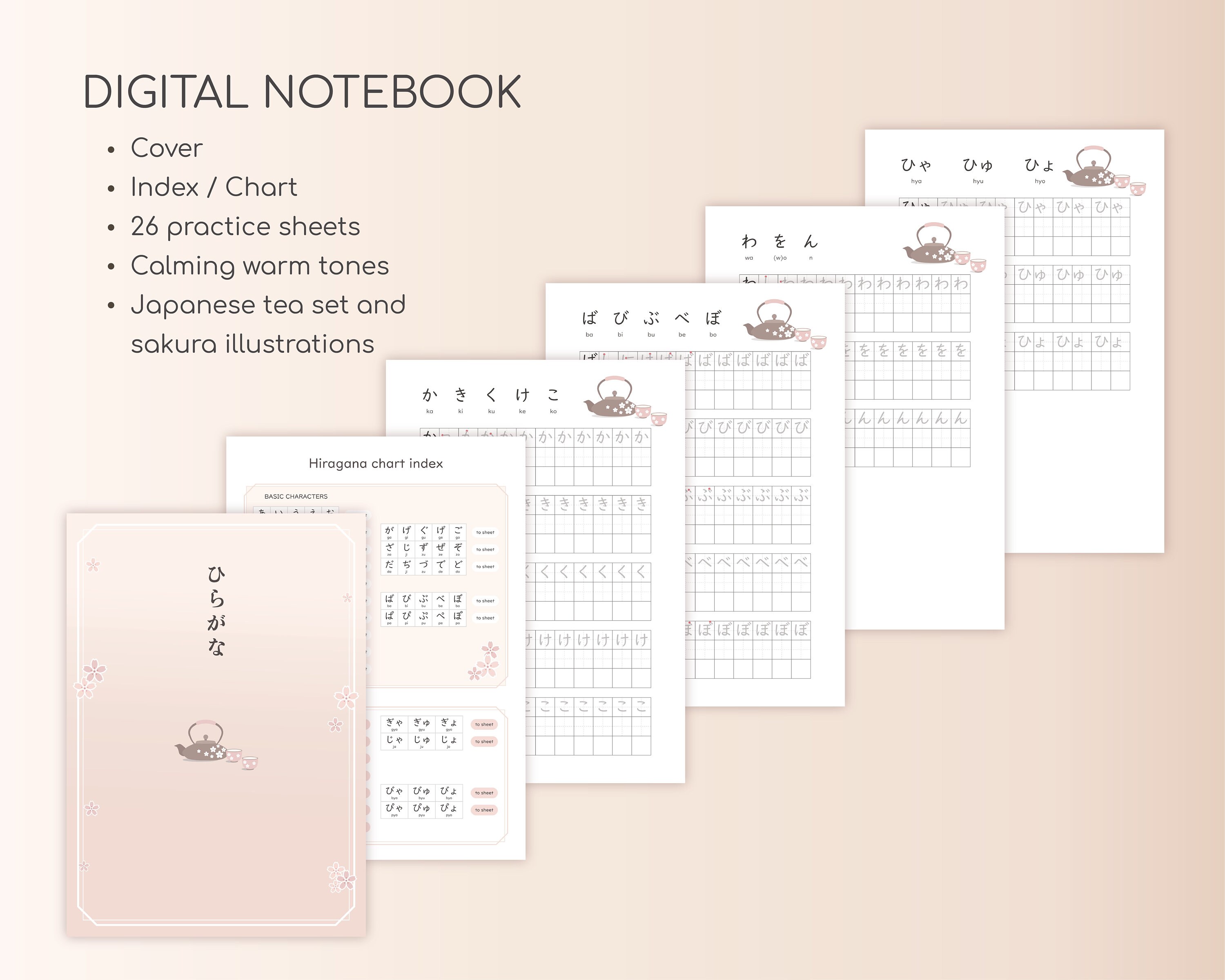 Printable Hiragana Practice Sheets With Japanese Sakura Tea Set Learn ...