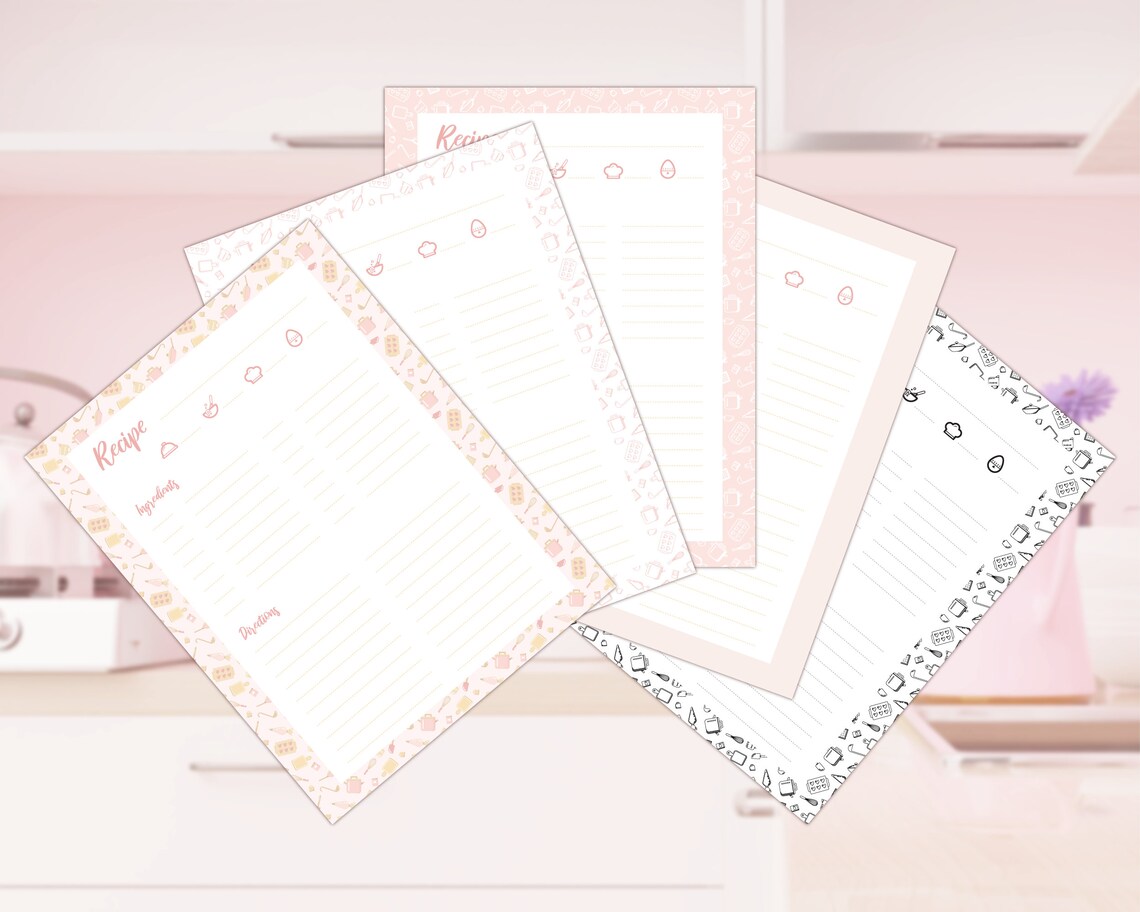 LETTER Recipe Page Template, Printable and Digital PDF 5 Different Colorways, Pink Gold Kitchen ...
