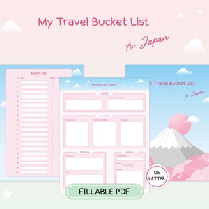 Lista e planejador de viagens para o Japão | PDF preenchível, imprimível CARTA DOS EUA | Monte Fuji em flor