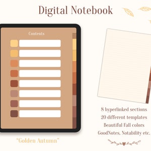 8 Tab Digital Notebook, Hyperlinked PDF - For iPad and Tablet - GoodNotes, Notability, Noteshelf etc. - Golden Autumn