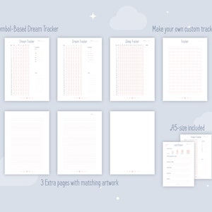 Dream Journal comes with 2 Dream Trackers, 1 Sleep Tracker and 1 Blank Tracker for you to customize. Trackers also have their own 3 extra pages with matching artwork to write or draw on. A smaller size of the Dream Journal in A5-size is included.