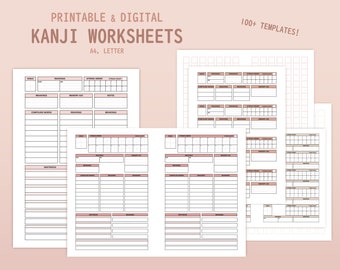 Japanese study templates - Kanji Worksheets and writing paper - Blushed pink tones - Printable and Digital PDF, Sizes A4 & Letter