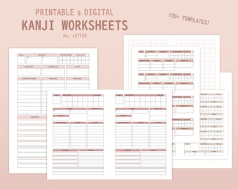 Puede incluir: Hojas de trabajo Kanji imprimibles y digitales en tamaños A4 y Letter. Las hojas de trabajo incluyen secciones para kanji, lecturas, orden de trazos, conteo de trazos, significados, ayuda para la memoria, notas, palabras compuestas, lecturas, significados, oraciones y más. Se incluyen más de 100 plantillas.