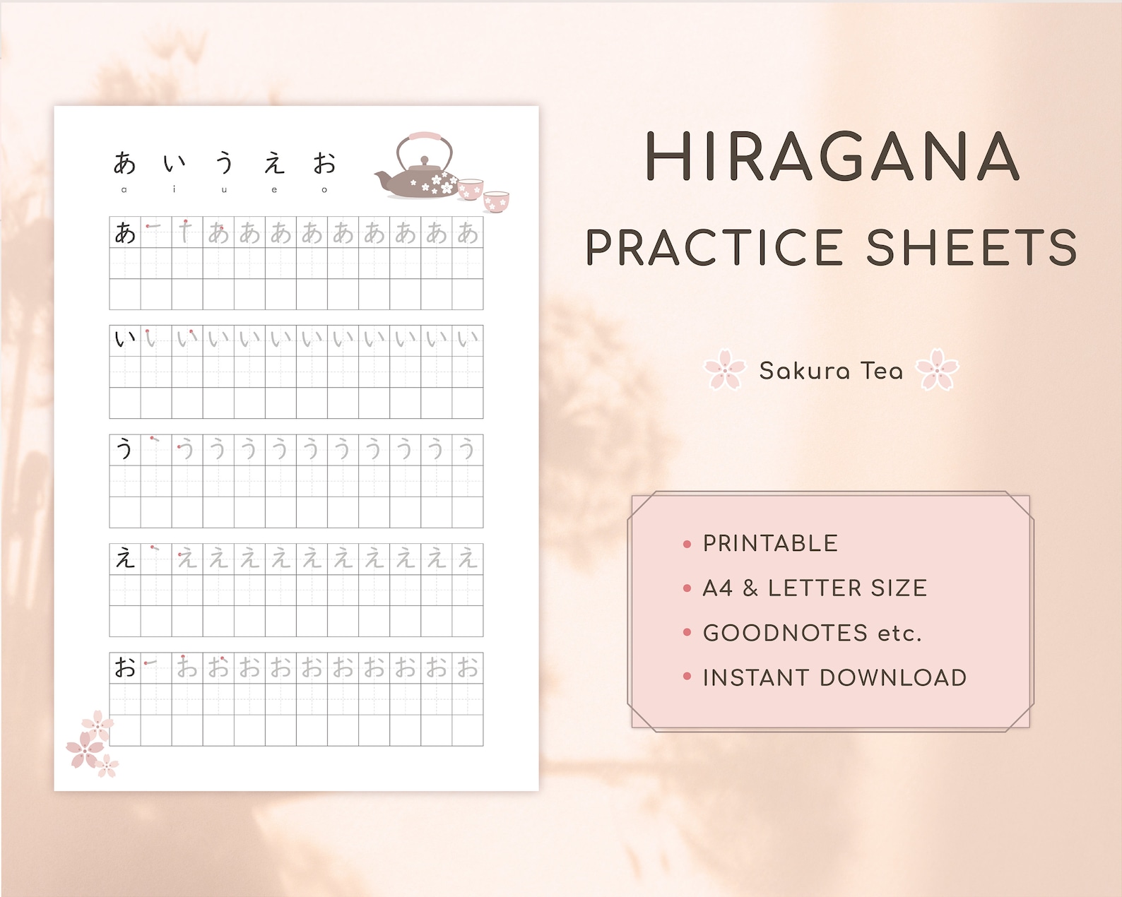 Printable Hiragana Practice Sheets With Japanese Sakura Tea Set - Learn ...