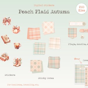 Puede incluir: Pegatinas digitales con un tema de otoño a cuadros melocotón. La imagen presenta varias pegatinas, incluyendo un lazo, una calabaza, libros, una taza, botas, notas adhesivas, banderas y cubiertas de tabletas. Para GoodNotes y Notability.
