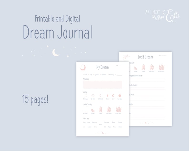 Moon Crystal Dream Journal is Printable and Digital and it has whopping 15 pages! It has beautiful and elegant artwork, and the colors are soft Pink and Blue. The templates are easy to read, clear and supports your journey in Dreamland.