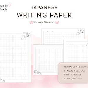 Printable Japanese Writing Paper Set - Practice Kanji, Hiragana, Katakana with Genkouyoushi - Cherry Blossom