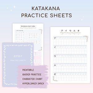 Puede incluir: Hojas de práctica de Katakana imprimibles con un borde floral. Las hojas incluyen un cuadro de caracteres, práctica guiada y un índice hipervinculado. El título de las hojas es "Katakana Practice Sheets" y el título del índice es "Katakana Chart Index".