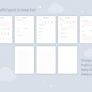 Dream Journal includes 5 gorgeous layouts to choose from: 2 for Dreams, 2 for Lucid Dreams and 1 to name yourself. There is also 3 extra pages for writing more thoughts, notes, journal keeping or drawing.