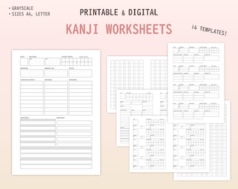 Kanji Practice Worksheets: Japanese Writing Templates, GRAYSCALE (Printable & Digital PDF)