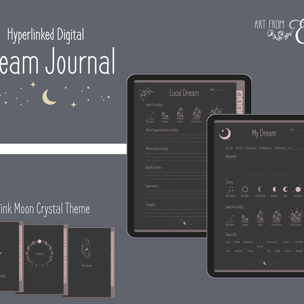 Digital Dream Journal for GoodNotes, Notability etc. - Planificateur numérique hyperlié avec modèles - Cristal de lune rose