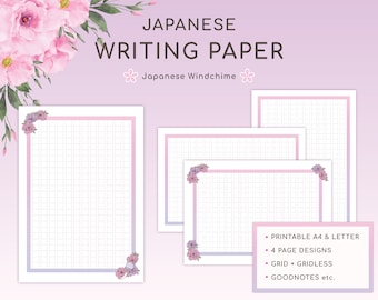 Puede incluir: Cuatro plantillas de papel de escritura japonés imprimibles con un borde floral. Las plantillas están disponibles en opciones de cuadrícula y sin cuadrícula. El texto en la imagen dice "Papel de escritura japonés" y "Carillón japonés".