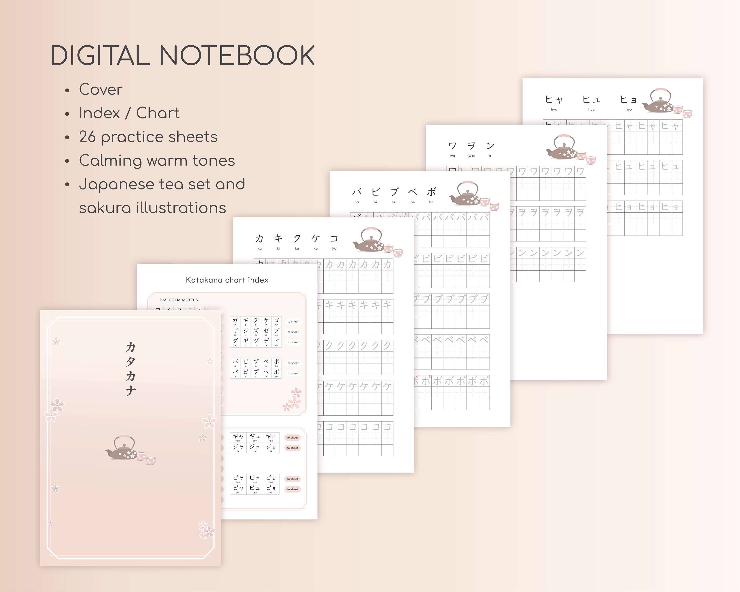 Printable Katakana Practice Sheets With Japanese Sakura Tea Set Learn ...