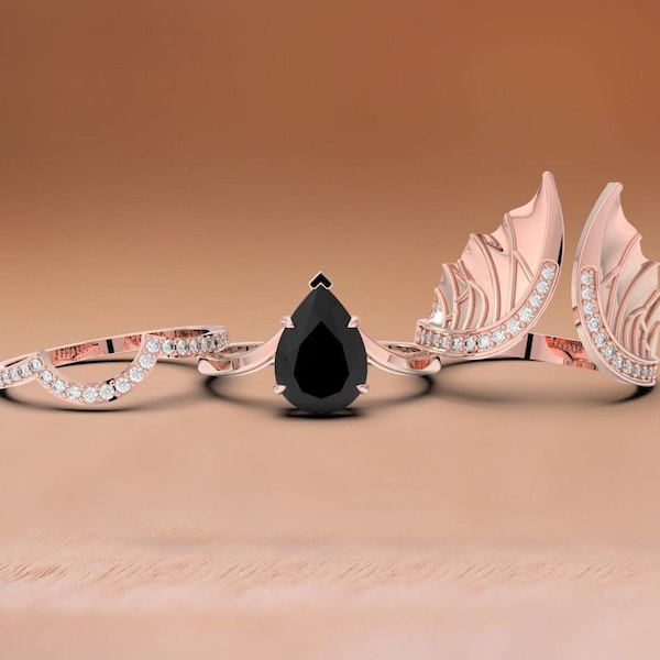 Schwarze Onyx-Fledermausflügel-Ringset, Roségold 925er Sterlingsilber, Ring für sie, Witchy-Ringe für Frauen