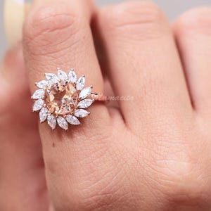 Peach Morganite Halo Ring, Rose Gold Ring, Wedding Engagement Ring, Promise Ring Gift For Love Statement Ring Art Deco Ring, RN063