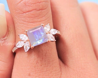 Princess Cut Moonstone Ring, Rose Gold Ring, Solitaire Ring, Engagement Wedding Ring, Blue Fire Ring, Art Deco Ring, Promise Ring, RN050