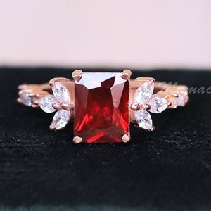 Red Garnet Emerald Shape Ring, Rose Gold Ring, Wedding Engagement Ring, Art Deco Ring, Promise Ring, Gift For Her, Solitaire Ring,RN032