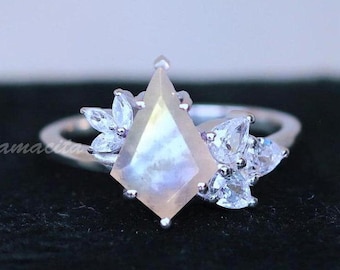 Natural Kite Cut Moonstone Ring, 925 Sterling Silver, Engagement Wedding Ring, Art Deco Ring, Promise Ring, unique Moonstone Ring, RN033