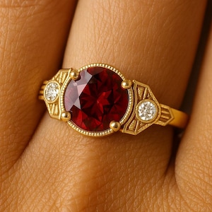 Vintage Red Garnet Ring, Yellow Gold Moissanite Accent, Art Deco Engagement