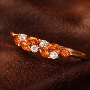 Marquise Orange Sapphire Half Eternity Band Ring, Delicate Vintage Wedding Ring, Minimal Vintage Stackable Ring For Women,