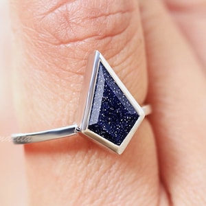 Kite cut Blue Galaxy Sandstone Ring, 925 Sterling Silver Ring, Wedding Engagement Ring, Art Deco Ring, Promise Ring For woman, RN029