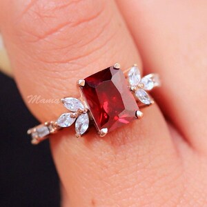 Red Garnet Emerald Shape Ring, Rose Gold Ring, Wedding Engagement Ring, Art Deco Ring, Promise Ring, Gift For Her, Solitaire Ring,RN032