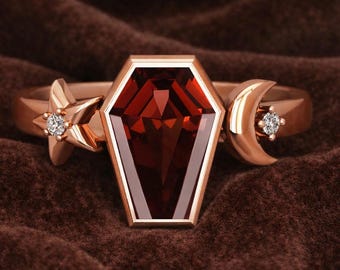 Roter Granat Coffin Ring, Sterling Silber Stern Mond Ring, Versprechen Verlobungsring, Granat Coffin Ring