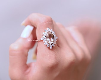 Oval Morganite Halo Ring, Rose Gold, Art Deco Style, Engagement Promise Ring, Morganite Halo Ring