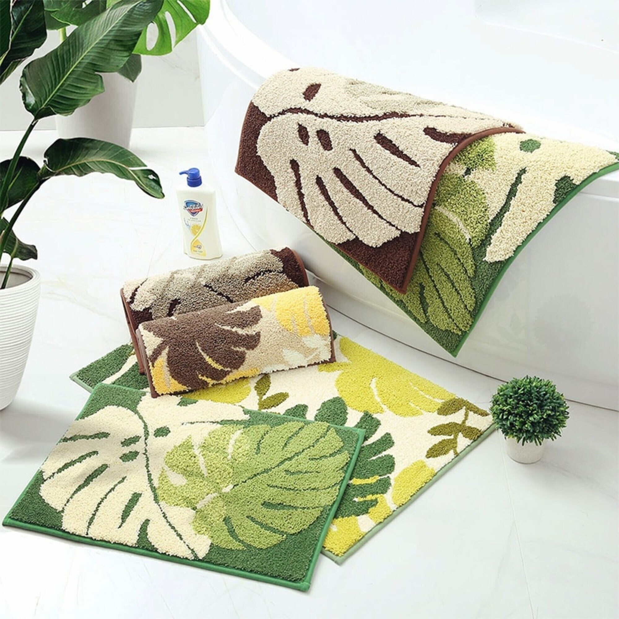 Leaf Shaped Bath Mat Green Leaves Bath Rug Botanical Soft Etsy