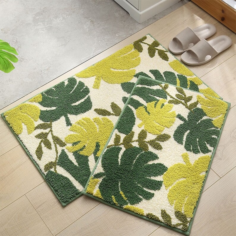 Leaf Shaped Bath Mat Green Leaves Bath Rug Botanical Soft Etsy