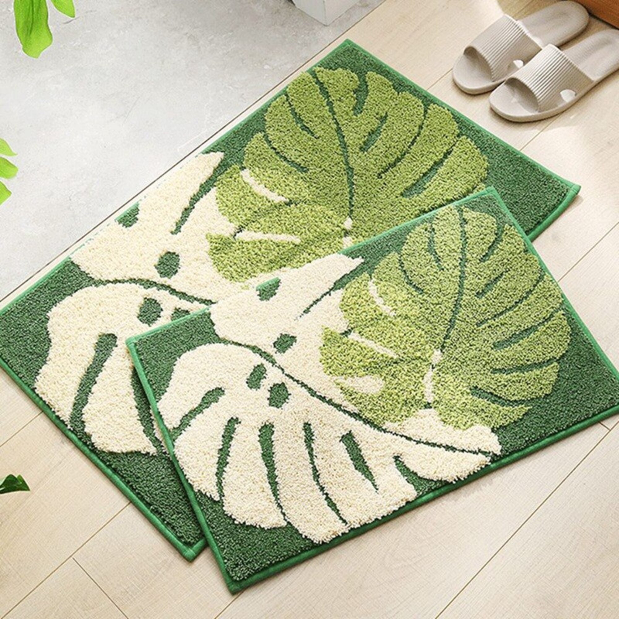 Leaf Shaped Bath Mat Green Leaves Bath Rug Botanical Soft Etsy