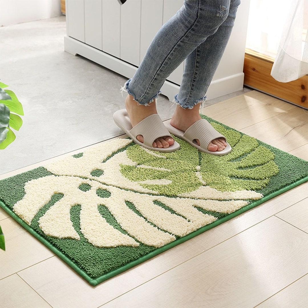 Leaf Shaped Bath Mat Green Leaves Bath Rug Botanical Soft Etsy