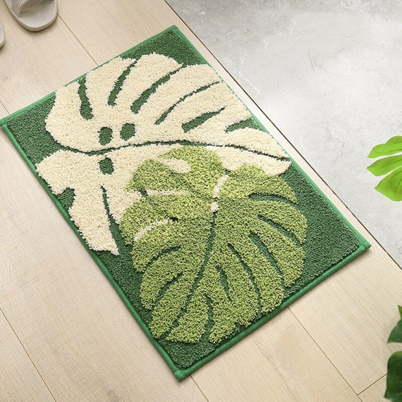 Leaf Shaped Bath Mat Green Leaves Bath Rug Botanical Soft Etsy