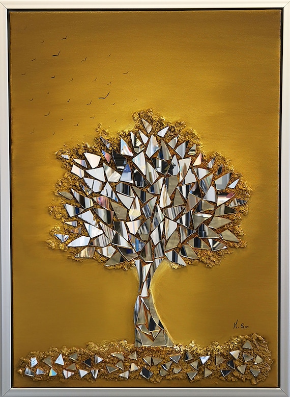 Oil Painting With Mirror Mosaic on Canvas Modern Tree Painting With Natural Mirror Embossing Art Work Oil Painting on Canvas Wall Art Etsy