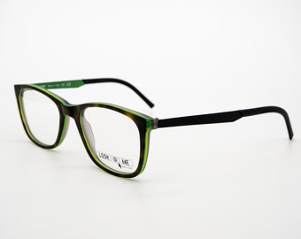 Gafas Look vintage, verdes, montura óptica estilo clubmaster fabricadas en Italia, stock nuevo y antiguo
