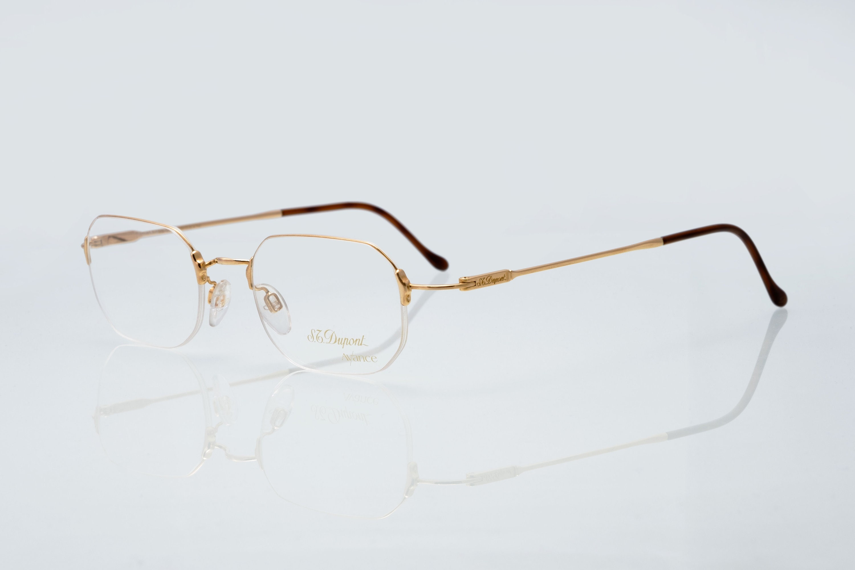 ST Dupont Vintage Eyeglasses, 23 KT GP, Gold, Half Rim Frame Made