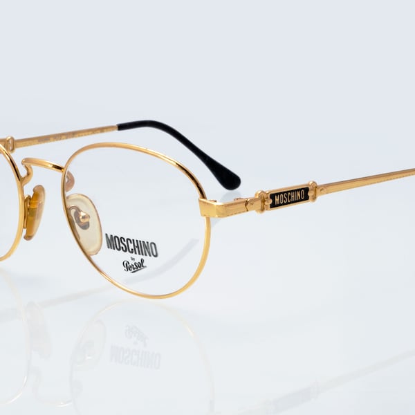 Very rare Moschino by Persol vintage eyeglasses, gold, round optical frame made in Italy,  new old stock