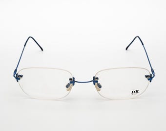DR high tech vintage eyeglasses, blue rimless frame made in Italy, new old stock