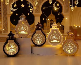 Lanterna a LED per Ramadan 2026 Eid Mubarak, lanterna sospesa color oro e nero con candela, decorazione islamica per la casa e le celebrazioni